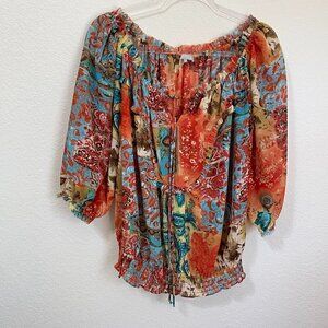 Violet + Claire Multicolor Sheer Artsy Boho Peasant Blouse